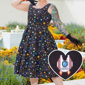 Amanda Black Space Ship Print Scoop Neck Swing Dress