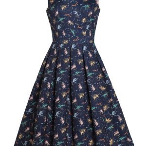 Amanda Multi-coloured Dinosaurs in Navy Blue Flared Dress