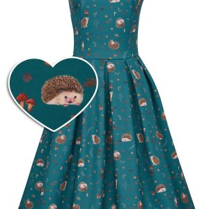 Amanda Scoop Neck Swing Dress in Green Hedgehog Print