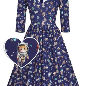Billie Long Sleeved Dress in Purple Cat Space Print