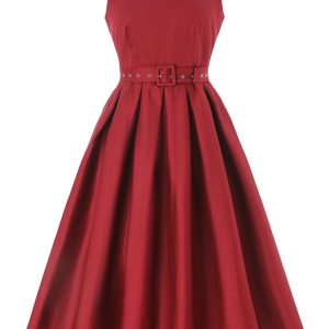 Helen Burgundy Stylish 50's Retro Swing Dress With Pockets