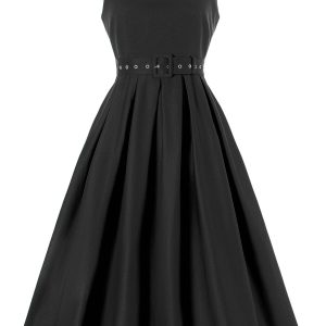 Helen Plain Black Stylish 50's Retro Swing Dress With Pockets