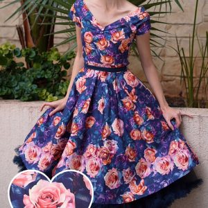 Lily Purple Off The Shoulder Pink Rose Print Flared Dress