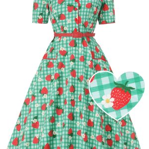 Mabel Green Strawberry Gingham Midi Shirt Dress