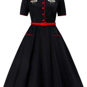 Penelope II Rose Embroidered Black Dress with Red Accents