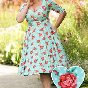 Scarlette Long Sleeved Light Blue Polka Dot And Roses Dress