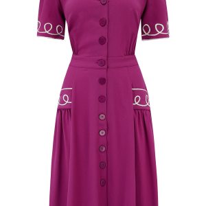 Loopy-Lou Shirtwaister Dress in Plum with Contrast RicRac