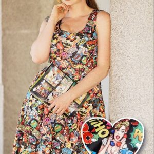 Amanda Scoop Neck Swing Dress in Black Comic Print