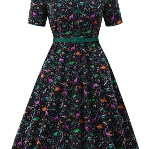 Penelope II Black Rockabilly Dino & Rainbow Print Shirt Dress