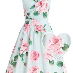 May V-neck Baby Blue 50's Style Floral Print Swing Dress