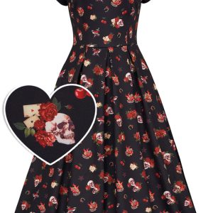 Lily Rockabilly Off Shoulder Skull & Rose Swing Dress