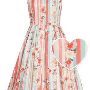 Amanda Pink Cotton Scoop Neck Blue Stripe/Floral Print Dress
