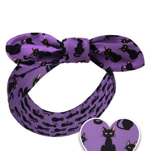 50's Inspired Quirky Headband in Purple Black Cat Print