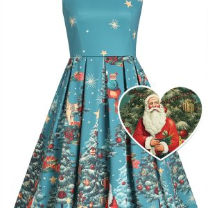 Amanda Dark Desaturated Cyan Christmas Santa Print Dress