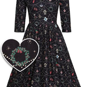 Billie Long Sleeved Dress in Black Christmas Ornament Print