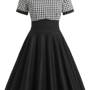 Darlene Monochrome Houndstooth Roll Collar Dress