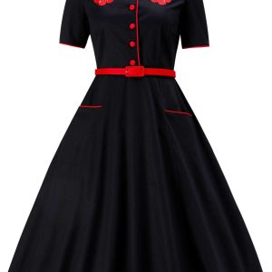 Penelope II Vintage Black Shirt Dress with Cherry Embroidery