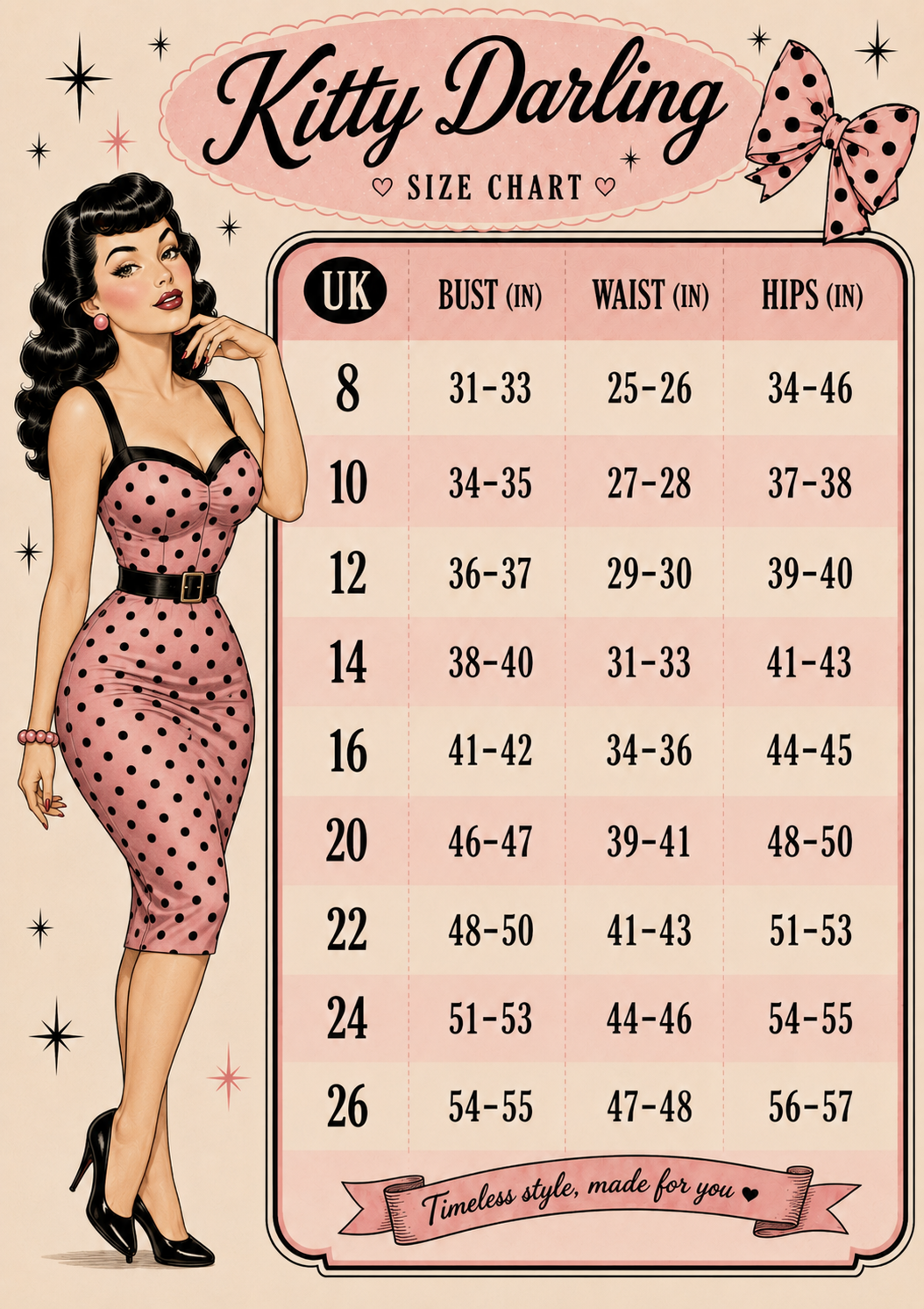 Rock and Romance size chart